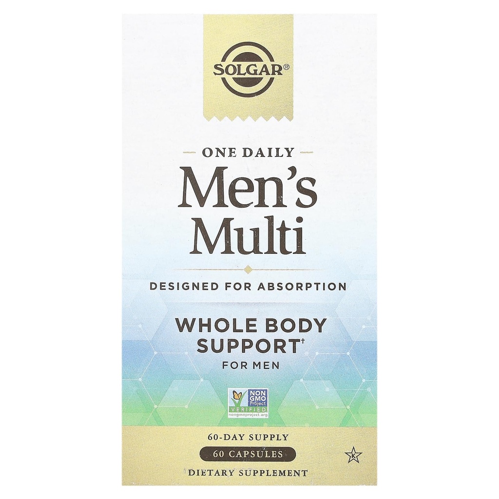Solgar One Daily Men Multivitamin Complement de soutien du corps entier, libération retardée très absorbante One Daily Multi Vitamine Capsules pour hommes - Immune énergie cardiaque stress et santé musculaire, 60 portions