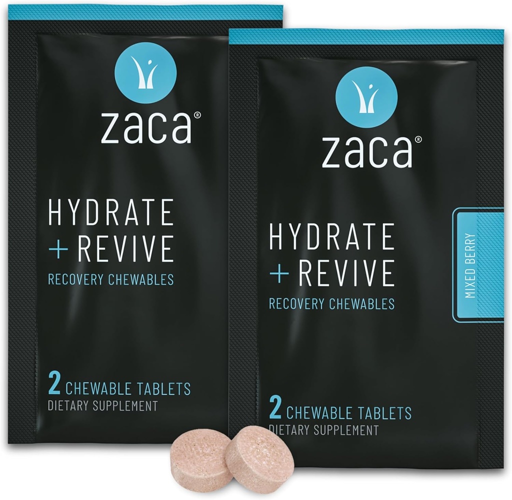 Zaca Recovery Chewable Supplement | Hydrate + Revive | Party, Travel, Exercise & Altitude | Non-Sugar & Non-Gluten | Mixed Berry, 2 Packets = 4 Tablets