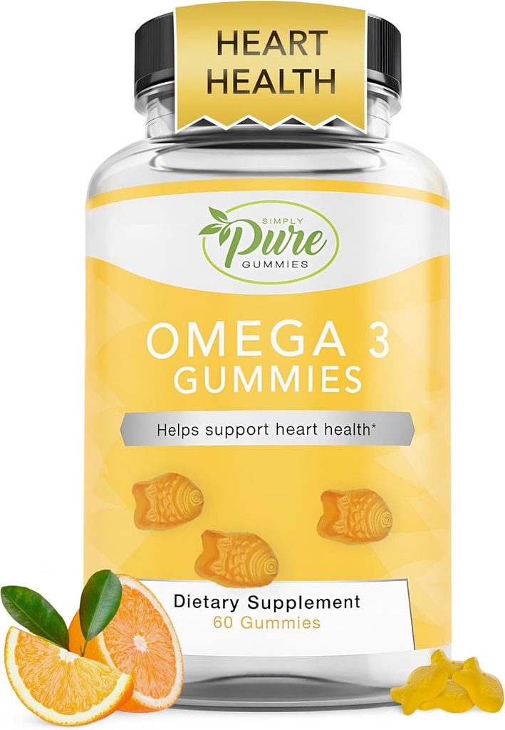 Pure By Nature Omega 3 Gummies pour les adultes et les enfants, Omega 3 suppléments acides gras avec Omega 3 6 9 pour le soutien circulatoire, sans huile de poisson orange saveur Omega Gummies, 60 jours d'approvisionnement (60 comte)