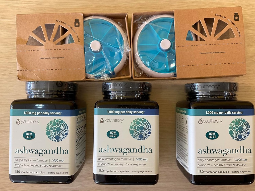 Youtheory Ashwagandha 1000mg avec KSM-66 - Aide à soutenir une réponse au stress saine,180 Capsules (paquet de 3) et 2 Pill Orgnizer