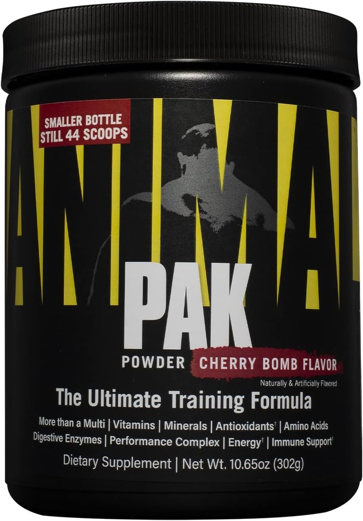Pak animal – Vitamine tout-en-un pratique et poudre de supplément – Zinc, vitamines C, B, D, acides aminés et plus – Performance nutritionnelle sportive Multivitamine pour les femmes et les hommes – 44 Scoops, Bombe à cerise