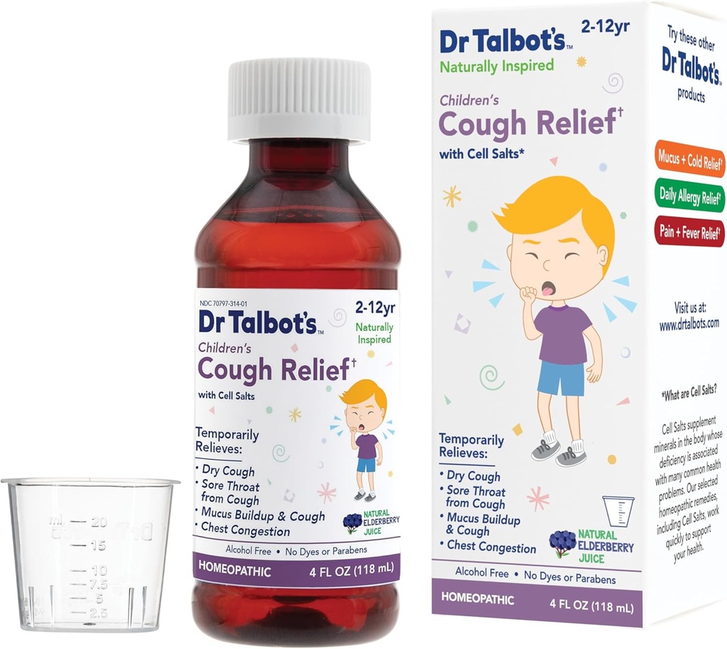 Dr Talbot's Cough Relief Liquid Medicine with Natural Inspired Ingredients for Children Inclut Dosage Cup, Saveur naturelle de Jus de Elderberry, 4 Fl Oz