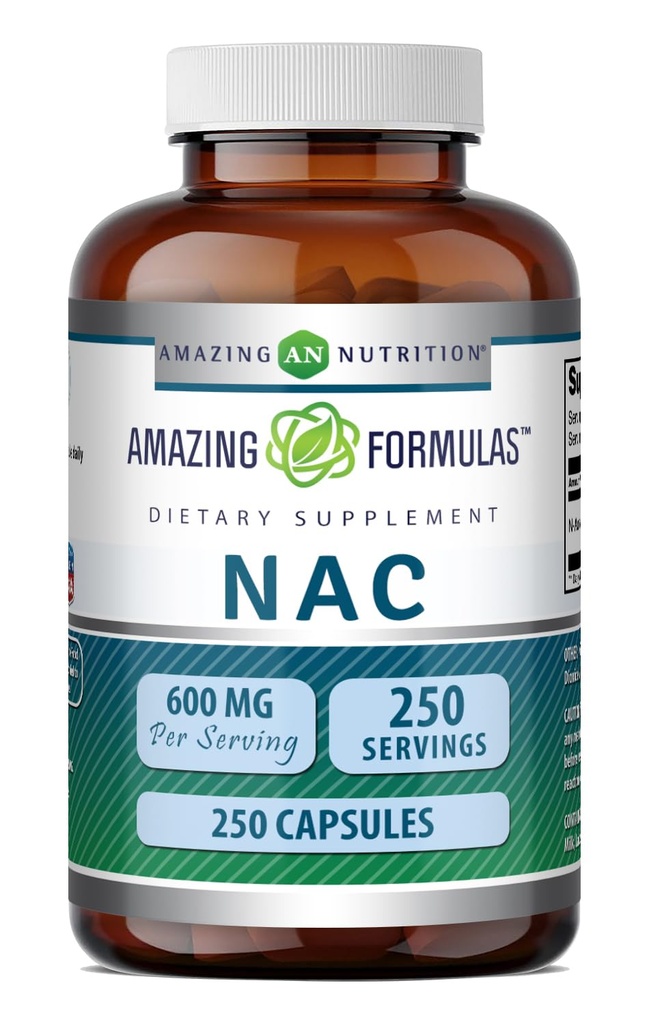 Formules étonnantes Supplément NAC (N-acétyl-L-Cysteine) 600 Mg par portion 250 Capsules (non-OGM) Sans gluten Fabriqué aux États-Unis