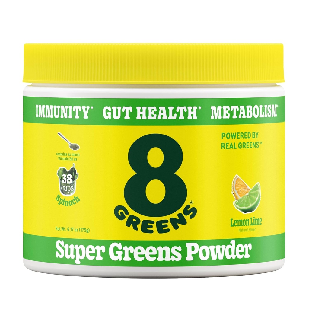 8Greens Super Greens Poudre de poudre de mélanges prébiotiques et probiotiques Superaliments pour la santé des Guts, métabolisme, ballonnement, avec fibre, enzymes digestives, biologique: Spiruline, Chlorella, Lime citron, 25 portions