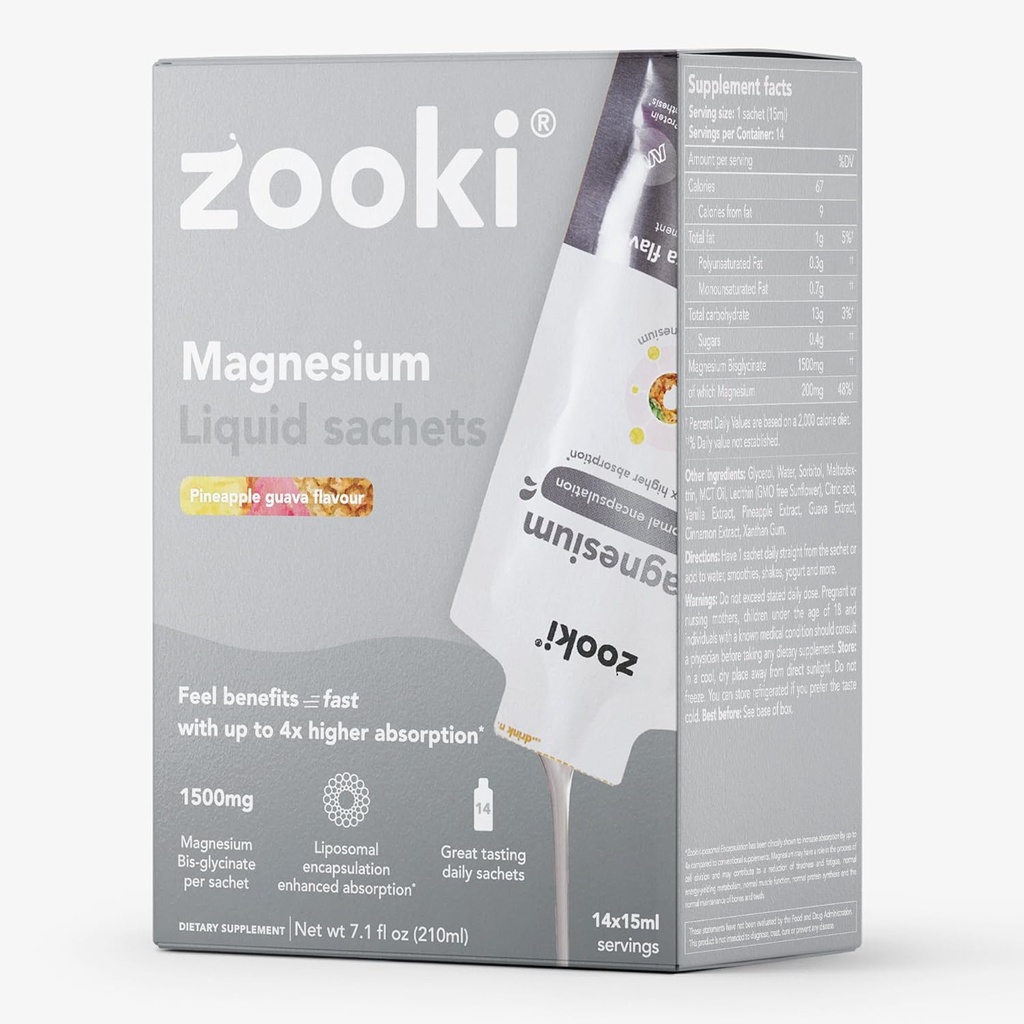 Zooki Magnésium Liposomale Glycinate 1500mg Liquide – 4X Absorption plus élevée – Grand goût, sans sucre, végétalien – Alternative aux comprimés de magnésium haute résistance – Sommeil, stress, crampes musculaires (14 portions)