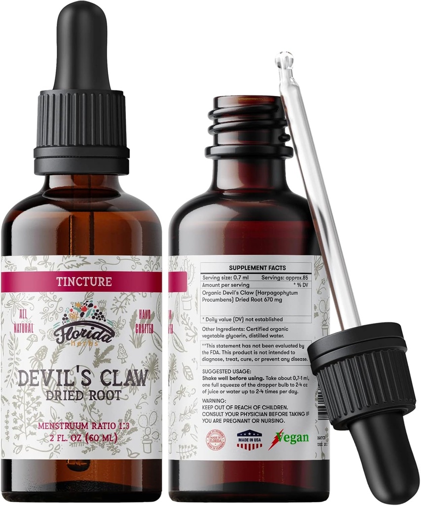 Devil's Claw Tincture Extrait biologique sans alcool (Harpagophytum Procumbens) Supplément à base de plantes, non OGM dans la glycérine végétale biologique pressée à froid, 700 mg, 2 oz (60 ml)