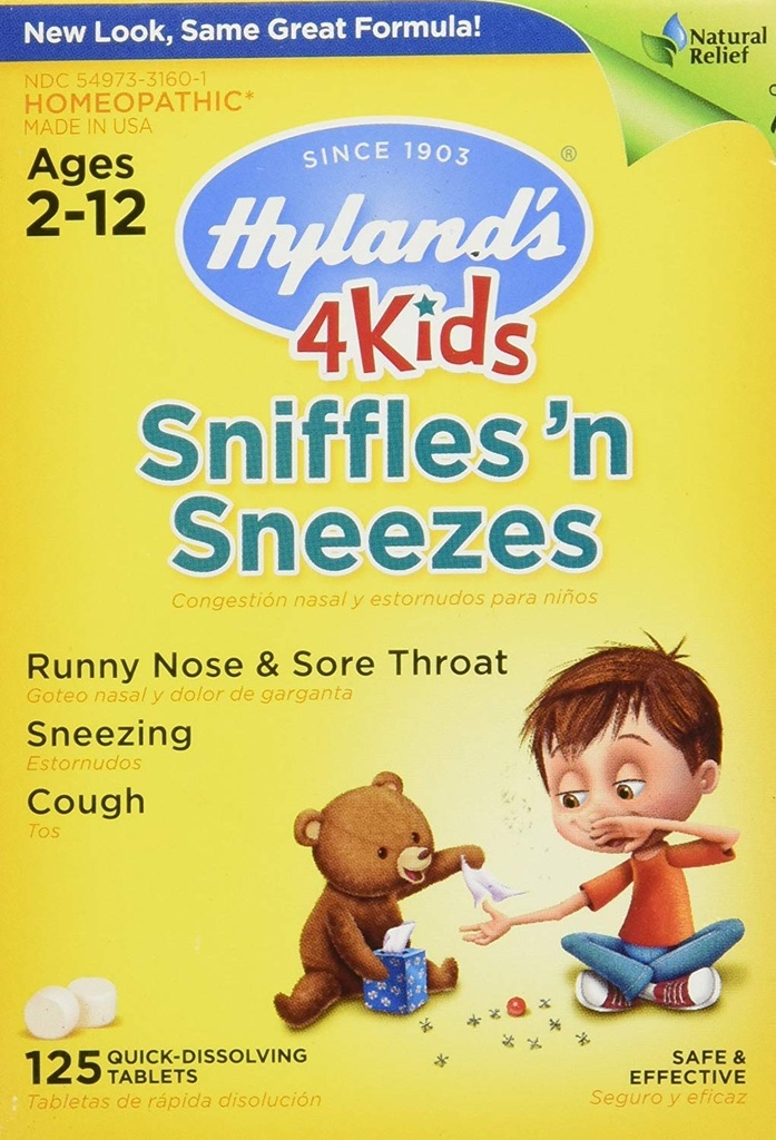 Zinc pour les enfants 2 ans et plus, Comprimés de médecine froide, 4 enfants de Hyland Sniffles n'Éternues, Dognés, Mal de tête et soulagement du sinus, Traitement naturel pour l'allergie et les symptômes du rhume commun, 125 comtes