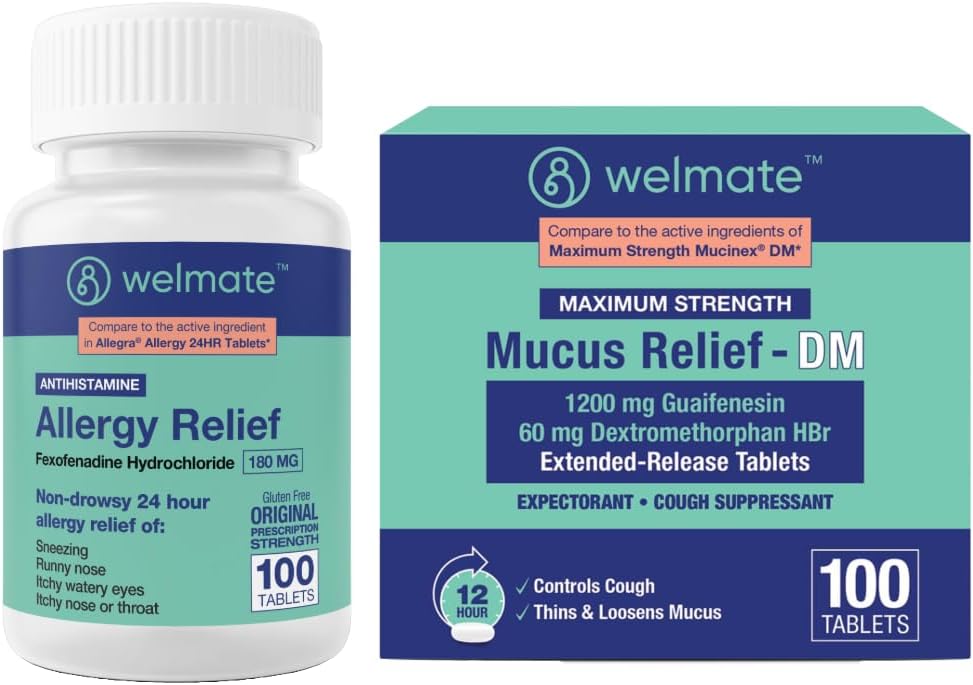 WELMATE Complete Allergy & Congestion Relief Bundle: Fexofenadine HCl 180mg Non-Drowsy Antihistamine (100 Ct) + Mucus Relief DM 1200mg Guaifenesin & 60mg DXM (100 Ct) | 12-Hr Respiratory Support