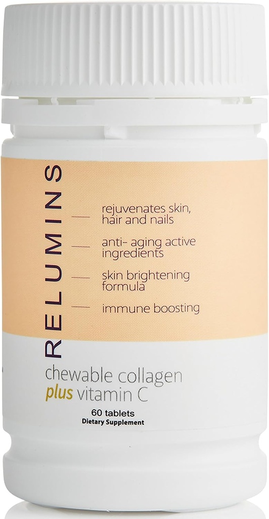 Relumins Collagen Suppléments pour les femmes et les hommes Collagen Chewable with Silk Peptide, Hyaluronique Acid, CoQ10, & Vitamine C & E - 60 comprimés de supplément de collagène aromatisé pêche par bouteille