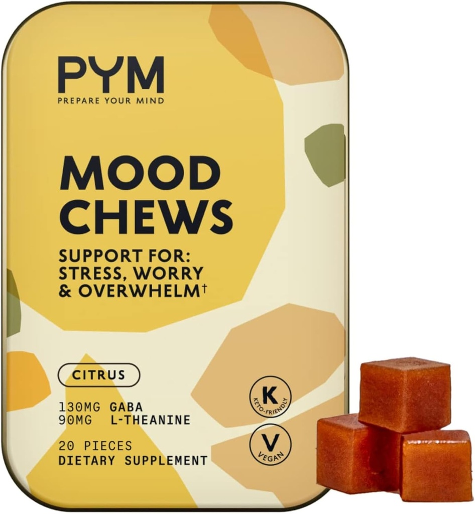 PYM Citrus Mood Chews Support pour le stress, l'inquiétude et l'overwhelm, 20 Comte: 130mg GABA, 90mg L-Theanine: Vegan, non-OGM, sans gluten, sans sucre ajouté.