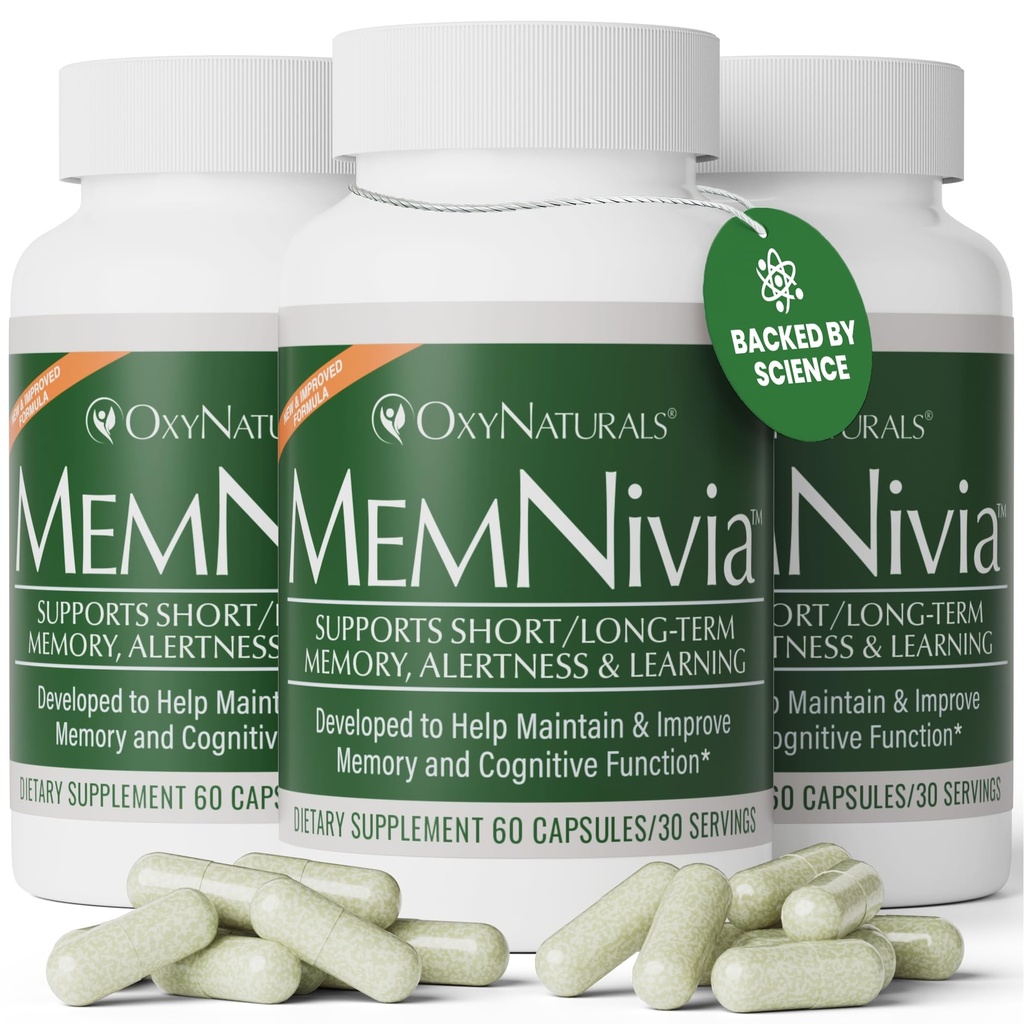 MemNivia Cerveau Suppléments pour la mémoire et le focus de la formule de cellules souches à double âge avec Cognivia®, Bacopa, Saint Basile et Ginger.