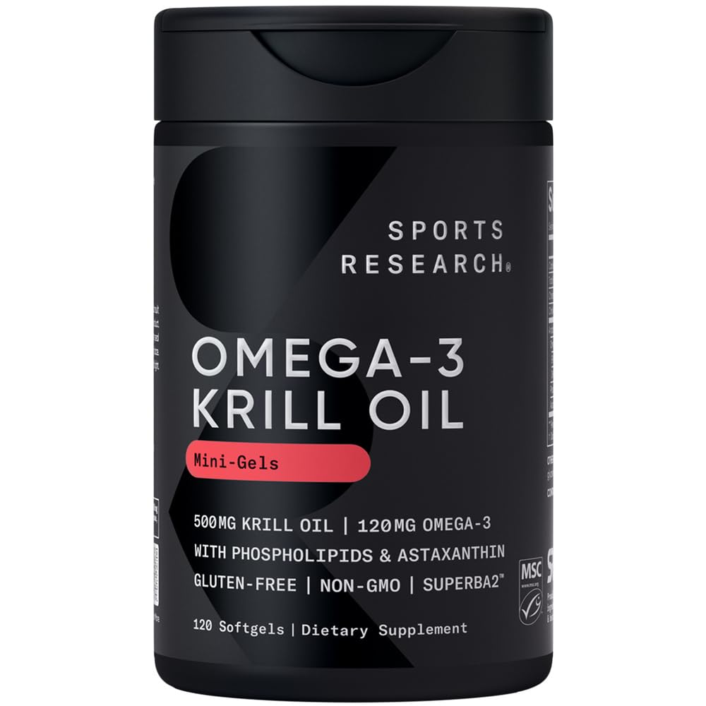 Sports Research Krill Oil Supplement with EPA & DHA Omega 3, Phospholipides & Astaxanthin from Antarctic Krill - Concentration maximale d'huile de krill pour les hommes et les femmes - 500mg, 120 Capsules Softgel