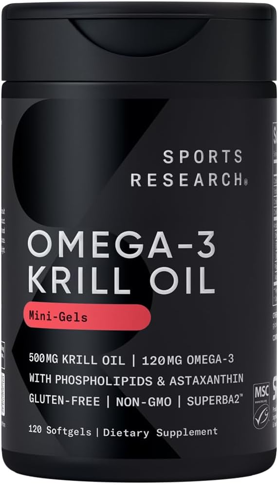 Sports Research® Omega-3 Krill Oil 500mg - Pure Antarctique Superba Krill avec Phospholipides, Choline et Astaxanthine - MSC certifié durable, non-OGM vérifié et sans gluten - 120 Mini-Gels