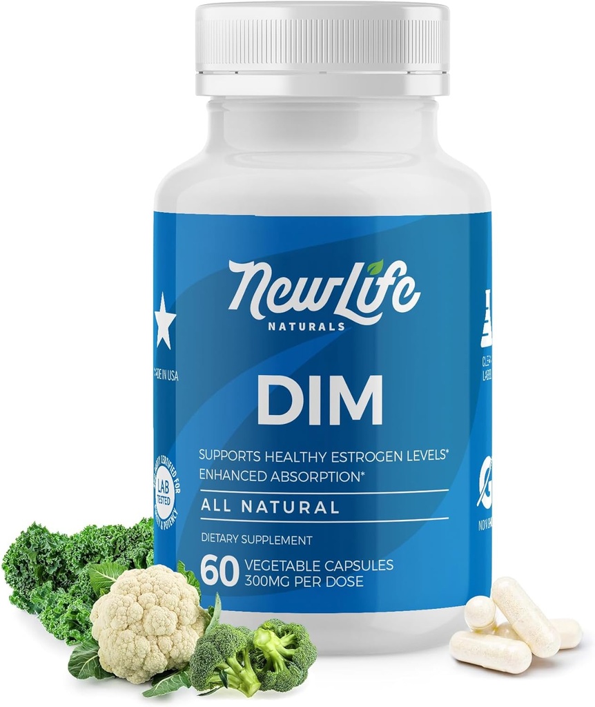 NewLife Naturals Supplément DIM 300mg pour les femmes et les hommes - Acné hormonal, pilules d'équilibre œstrogène, soulagement post-ménopause