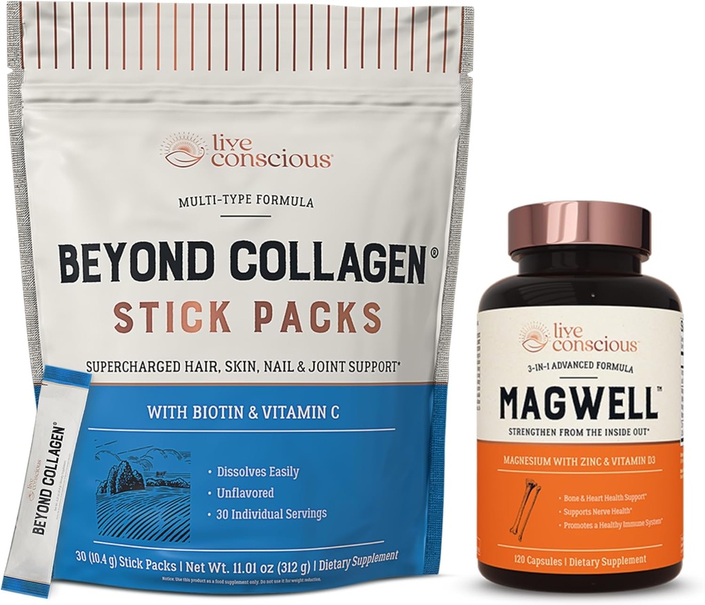 Live Conscient Beyond Collagen Types I, II, III, V & X Stick Packs + MagWell Magnésium Zinc & Vitamine D3.