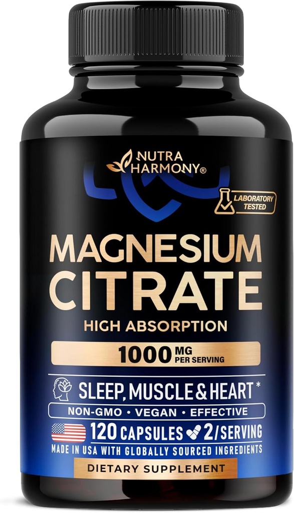 Capsules de citrate de magnésium 1000mg de supplément d'absorption élevée - Sleep, Muscle & Heart Support - Végétalienne - Non-OGM - Fabriqué aux États-Unis - Comme poudre