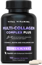 Vitamines Vital Multi Collagen Complex Plus - avec Biotine, Acide Hyaluronique, Vitamine C - Type I, II, III, V, X - pour les femmes et les hommes - Complexe Beauté cheveux, peau, ongles - 150 Capsules