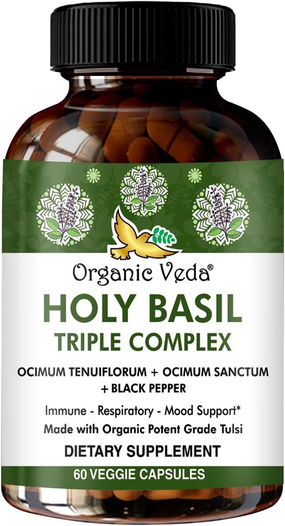 Organic Veda Holy Basil Capsules - Triple Complex Tulsi Holy Basil Leaf Extract - Soutien Santé respiratoire, Immunité - Promotion de la réponse au stress et de l'humeur - Vegan, sans gluten - 60 Compte