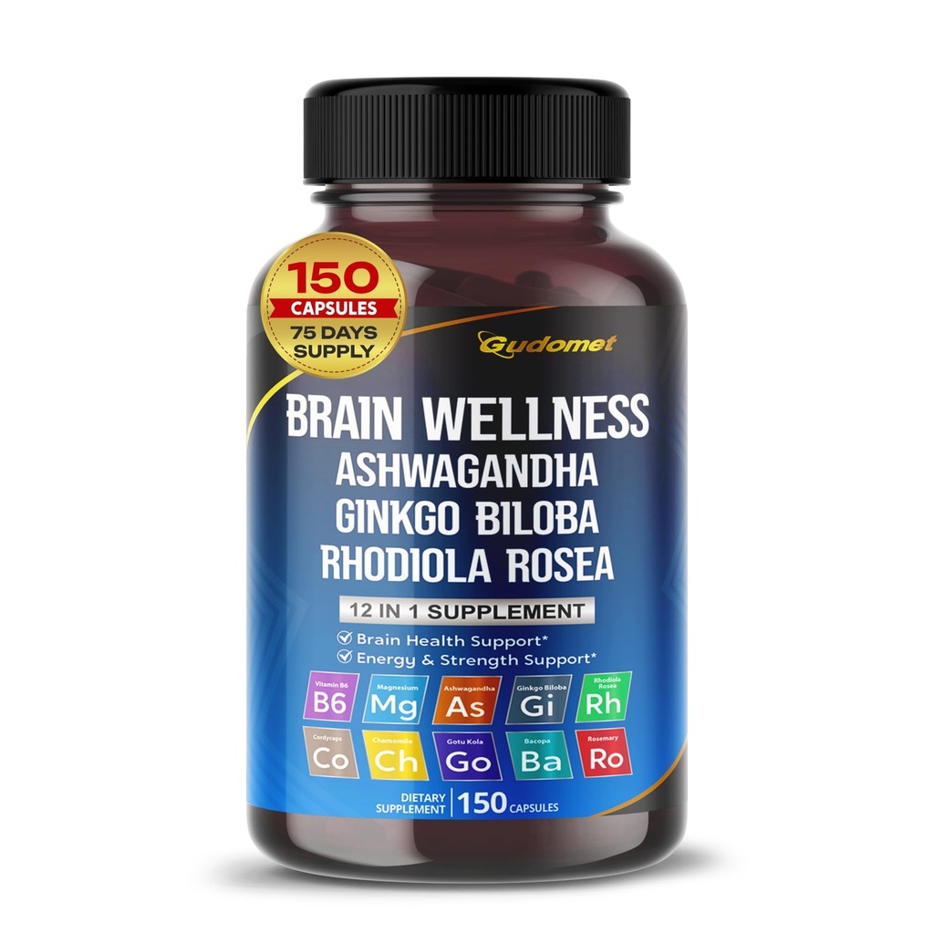 Bien-être Cerveau Ginkgo Biloba Rhodiola Cordyceps Camomile Ashwagandha Gotu Kola Bacopa Rosemary Saint Basilic Noir Pepper -150 Capsules- Fabriqué aux États-Unis