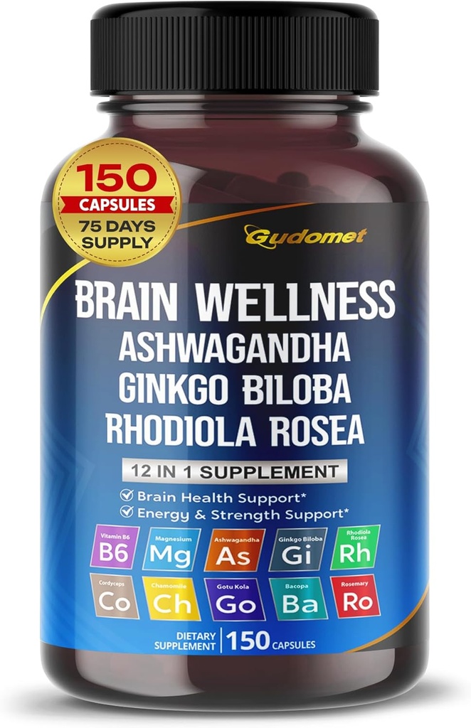 Bien-être Cerveau Ginkgo Biloba Rhodiola Cordyceps Camomile Ashwagandha Gotu Kola Bacopa Rosemary Saint Basilic Noir Pepper -150 Capsules- Fabriqué aux États-Unis