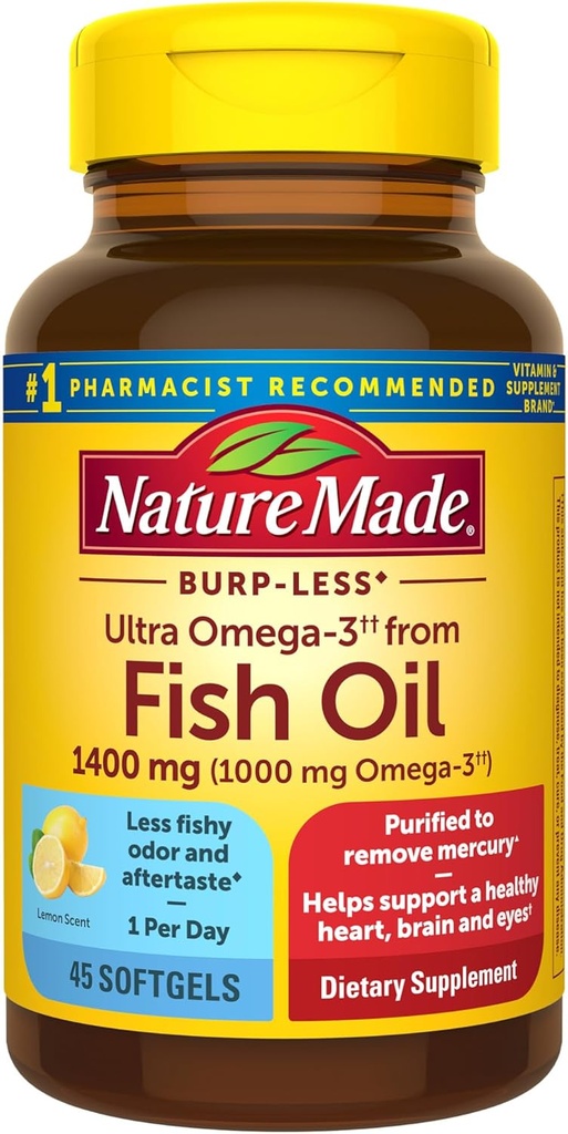 Nature Made Extra Strength Omega 3 Suppléments à l'huile de poisson, 1400mg, huile de poisson Omega 3 Suppléments comme esters d'éthyle pour le cœur en santé, cerveau, yeux, soutien de l'humeur, 45 Softgels, 45 jours d'approvisionnement