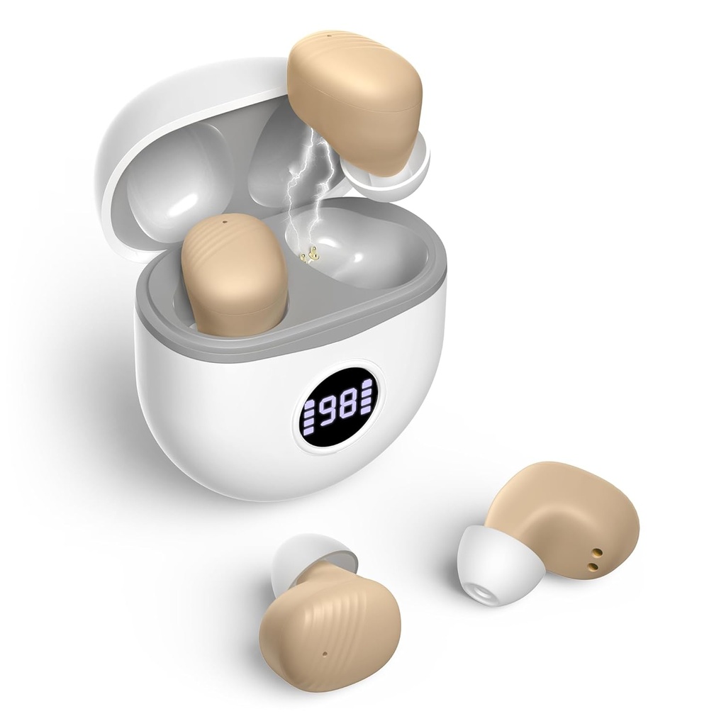 Aides auditives, aides auditives rechargeables pour les personnes âgées avec annulation de bruit, petite oreille sans amplificateurs d'ouïe criblée Mise à jour gain maximum 40dB avec boîtier de recharge ovale affichage d'alimentation LED, Beige