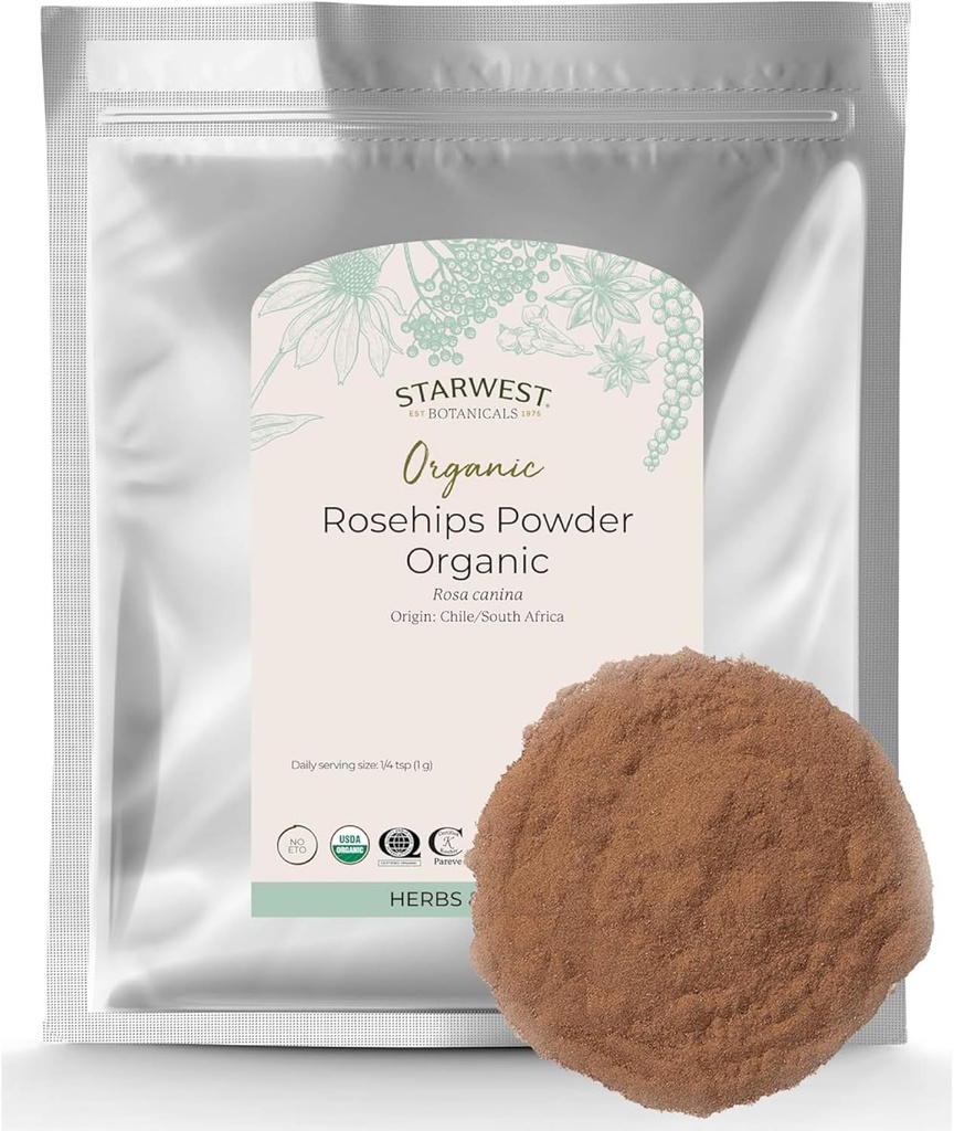 Starwest Botanicals Rosehips Poudre biologique - Herbe séchée pour thé et cuisson, Finement broyée, Source naturelle de vitamine C, Certifié Kosher, Non-OGM - Bulk 1 lb Sac