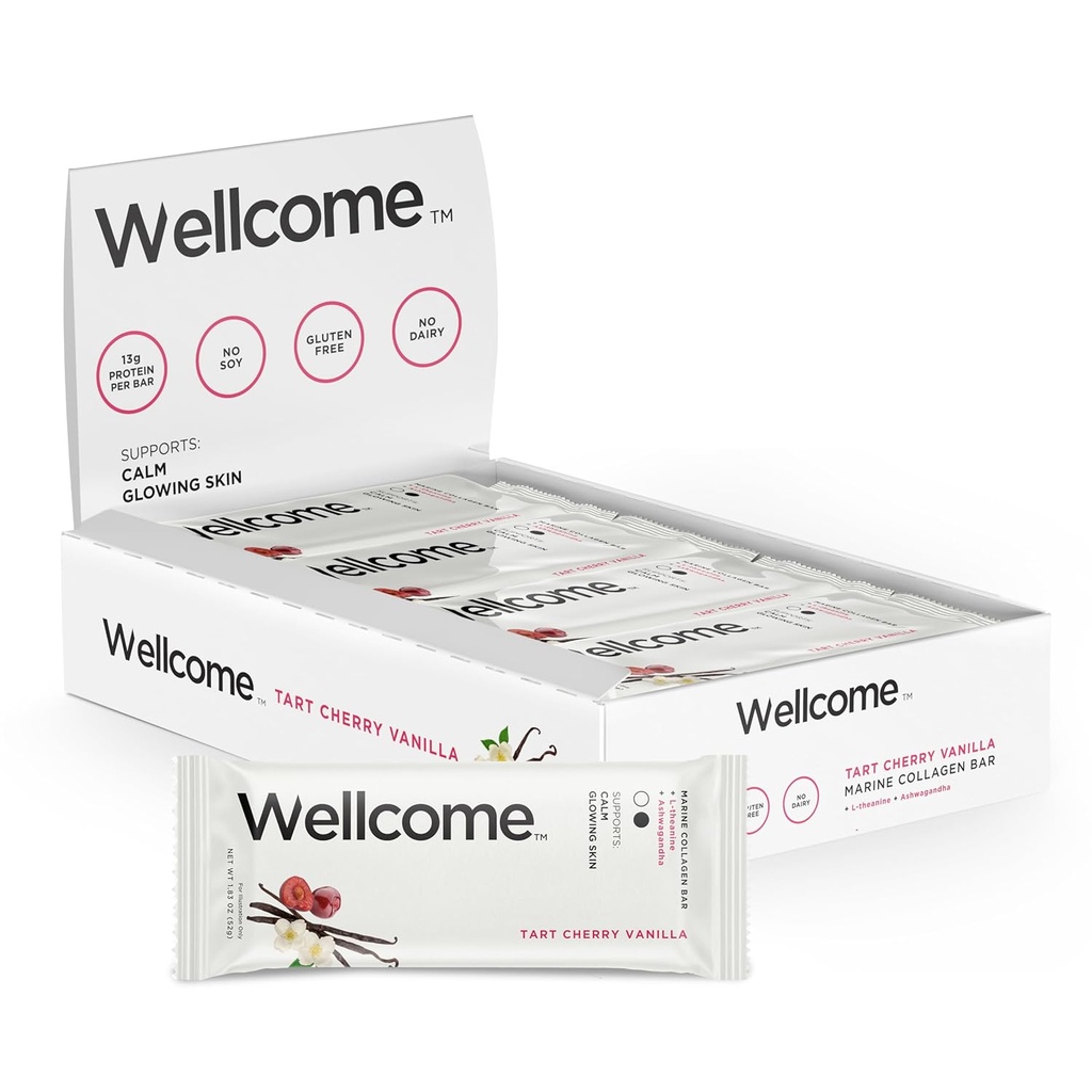 Wellcome Tart Cherry Vanilla Marine Collagen Protein Bar avec Ashwagandha et L-Theanine - Adaptogenic Snack Bar - Barre de santé sans lait pour un mode de vie actif fonctionnel (paquet de 12)