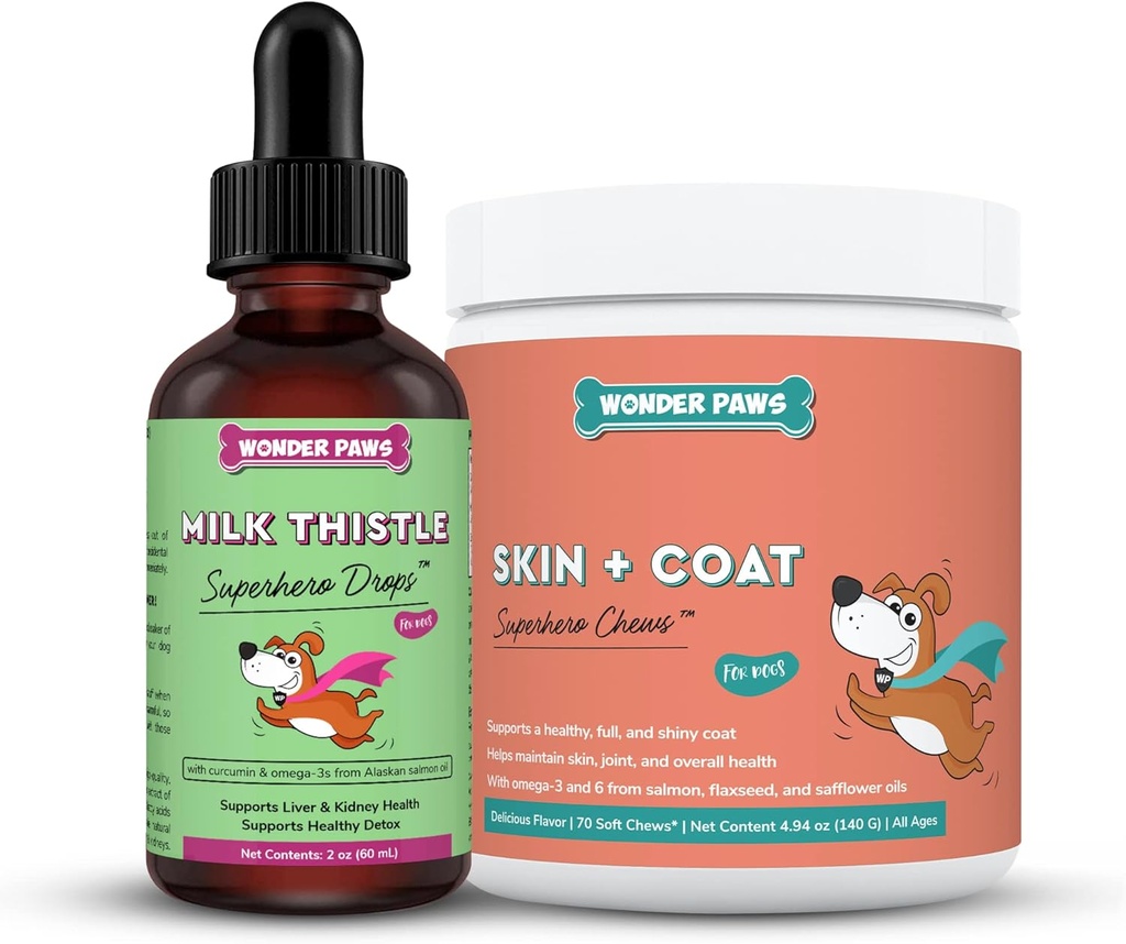 WONDER PAWS Lait Thistle gouttes Plus Peau + Coat Soft Chews - pour chiens Foie et soutien du rein, de la peau et de la peau et de la fourrure santé - Lait Thistle 2 Onces - Peau + Coat 70 Chews