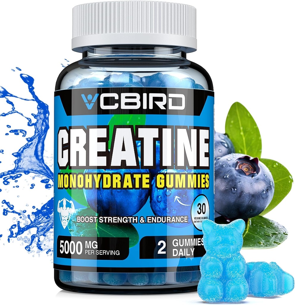 Monohydrate de créatine 5g par portion, aucun supplément de sucre de créatine support pour la force, la performance, l'énergie, la récupération, la créatine sans gluten pour les femmes et les hommes, goût de bleuets (30 Gummies135)