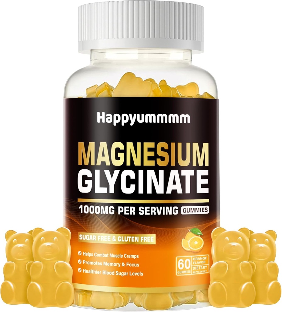 Glycinat de magnésium Gommies 1000mg - Supplément de potassium de magnésium sans sucre avec vitamine D, B6, CoQ10 pour l'humeur calme et le soutien du sommeil - 60 Gommies d'orange