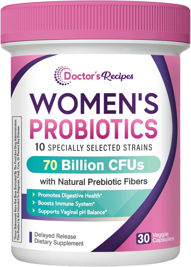 Recettes de médecin Probiotiques pour les femmes, les prébiotiques organiques et les probiotiques pour la santé digestive, la santé vaginale, 70 milliards CFU, 10 souches, étagère stable, 30 capsules