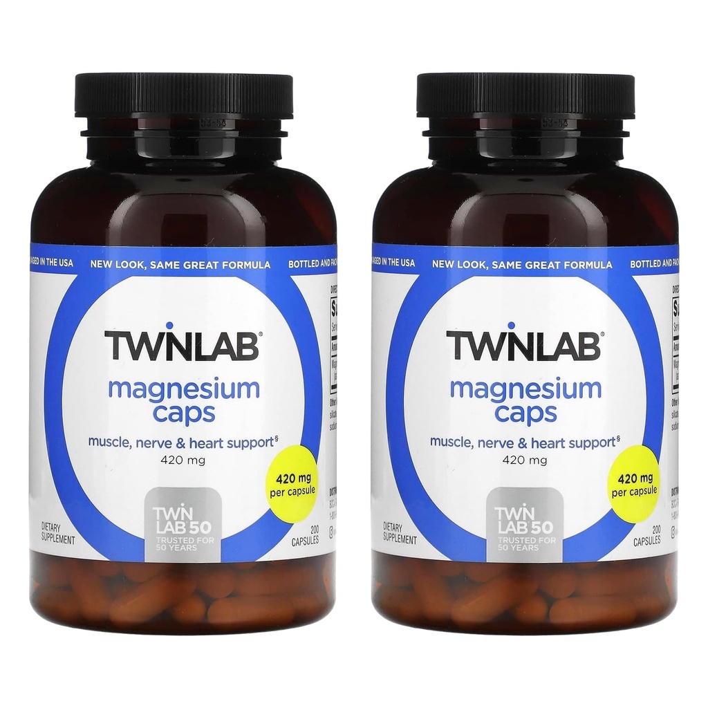 Twinlab Magnesium Caps - Supplément Magnésium à haute absorption pour soutenir le soulagement des crampes des jambes - Capsules de magnésium pour le soulagement du stress, 420 mg, 200 Compte, 2 Pack
