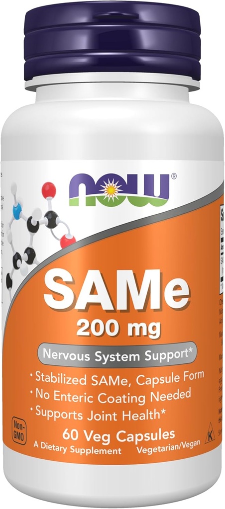 MAINTENANT Aliments suppléments, SAMe (S-Adenosyl-L-Méthionine)200 mg, Soutien du système nerveux*, 60 gélules
