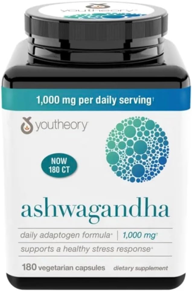 Youtheory Ashwagandha 1000mg avec KSM-66 - Aide à soutenir une réponse au stress en santé,180 capsules (paquet de 1)