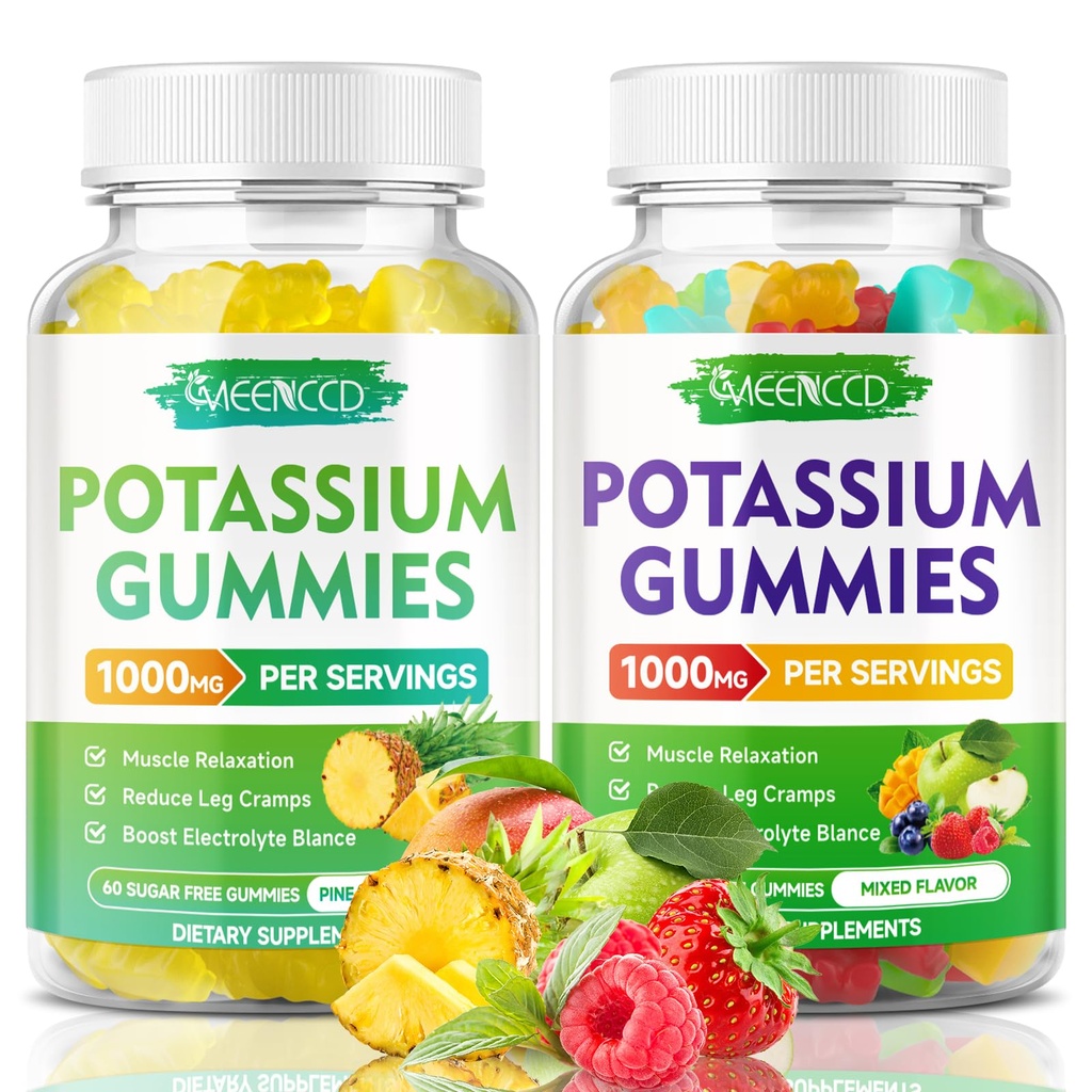 Citrate de potassium Gummies 1000mg, supplément de potassium de haute puissance Gummies pour adultes femmes et hommes, Gummies de potassium soutenir les crampes et la santé musculaire, ananas et saveur de fruits mélangés