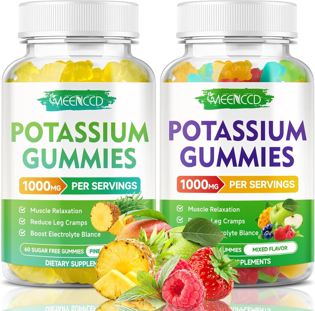 Citrate de potassium Gummies 1000mg, supplément de potassium de haute puissance Gummies pour adultes femmes et hommes, Gummies de potassium soutenir les crampes et la santé musculaire, ananas et saveur de fruits mélangés