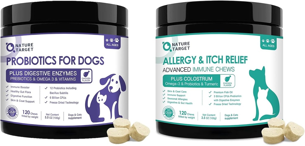 NATURE TARGET Probiotiques pour chiens, avec prébiotiques et enzymes digestives, vitamines et oméga 3 pour soulager les démangeaisons allergiques, réduire la diarrhée, le gaz, arrêter le sciage, les taches chaudes, le mouillage