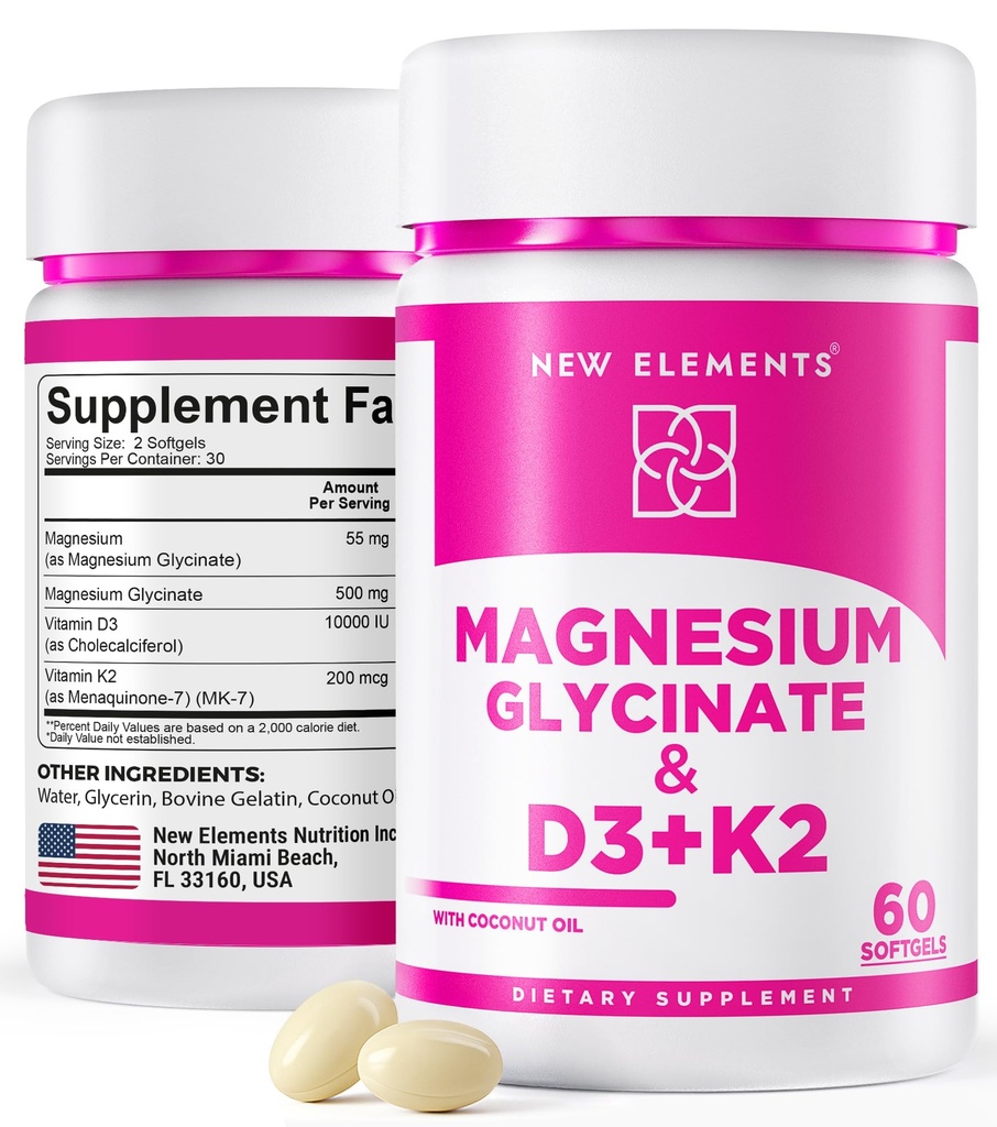 Magnesium Glycinate 500mg with High-Potency Vitamin D3 10,000 IU & Vitamin K2 200mcg | Enhanced with Coconut Oil for Optimal Absorption | Non-GMO, Gluten-Free, Sugar-Free Softgels (60 softgels)