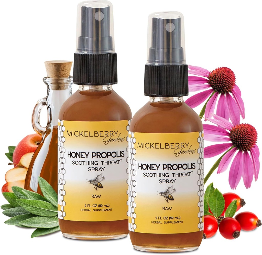Mickelberry Gardens Honey Propolis Throat Spray - Apaisant Gorge Relief & Propolis Immune Support pour Adultes & Enfants - Formule Herbal & Honey (2 oz, 2 Pack)