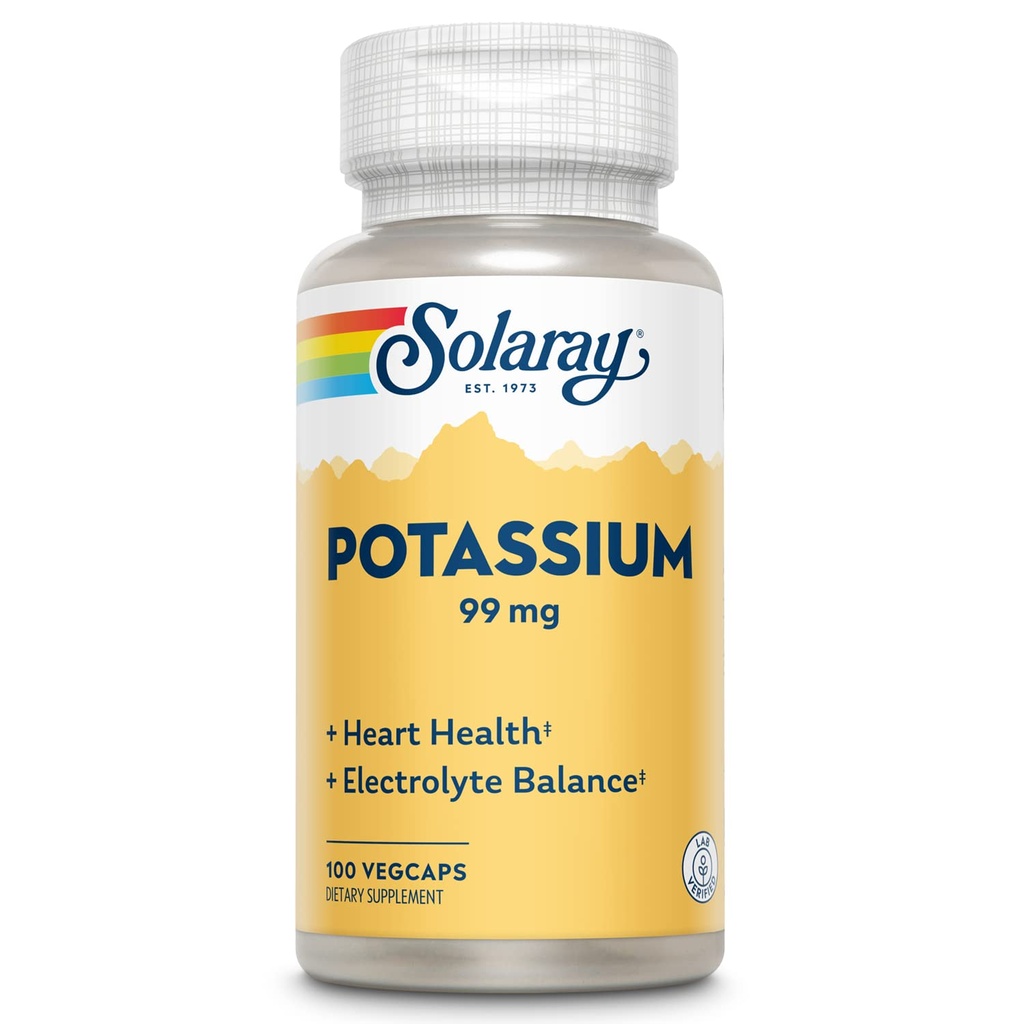 Solaray Potassium 99 mg - Formule d'équilibre des électrolytes - Supplément de potassium pour électrolytes, soutien vasculaire et cardiaque - Garantie de remboursement de 60 jours, laboratoire vérifié, 100 portions, 100 VegCaps