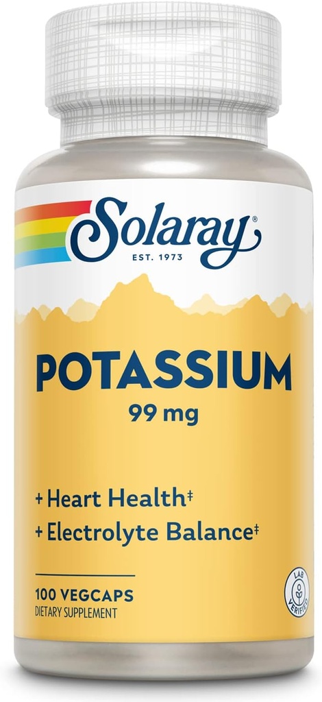 Solaray Potassium 99 mg - Formule d'équilibre des électrolytes - Supplément de potassium pour électrolytes, soutien vasculaire et cardiaque - Garantie de remboursement de 60 jours, laboratoire vérifié, 100 portions, 100 VegCaps