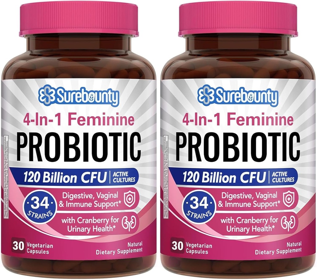 Probiotiques pour les femmes, 120 milliards CFU 34 souches, prébiotiques, enzymes digestives, canneberge, 4-en-1 probiotique féminine, digestif, vaginal, soutien immunitaire, 60ct (paquet de 2)