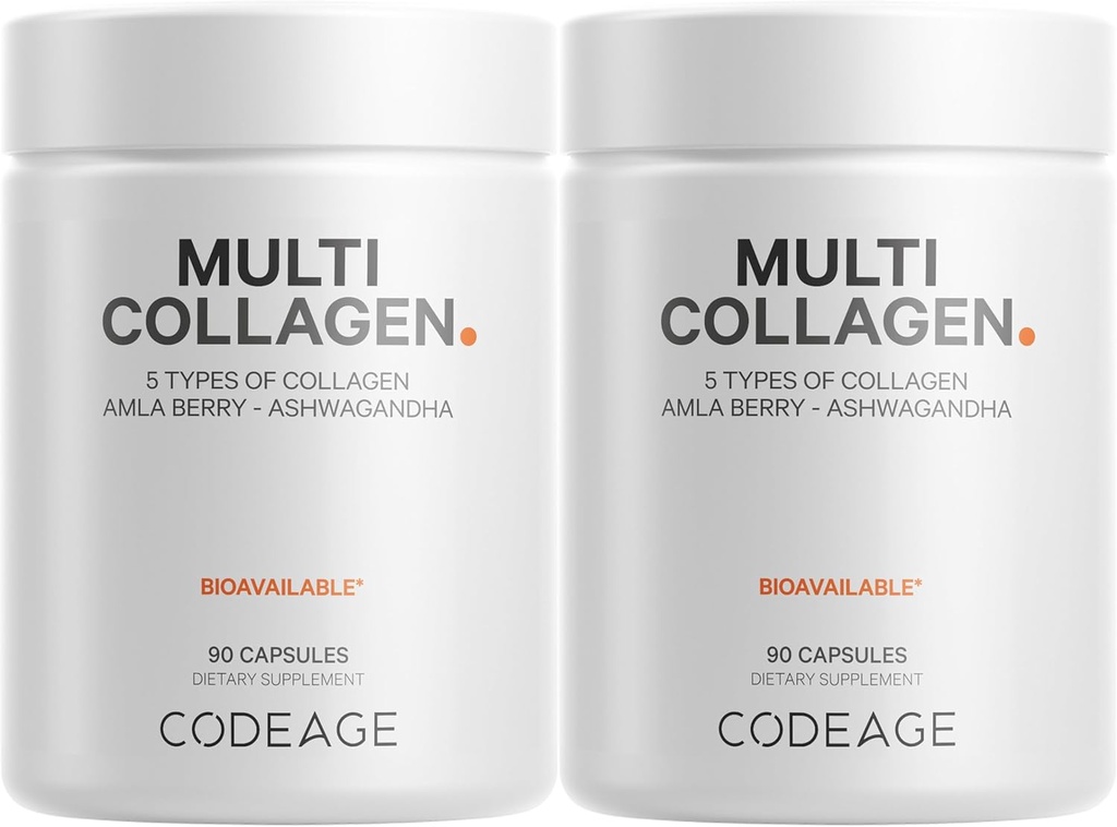 Codeage Capsules de plusieurs collagènes – 5 collagènes de types I, II, III, V et X – Protéine bovine hydrolysée avec Ashwagandha, Amla et Vitamines - 2-Pack