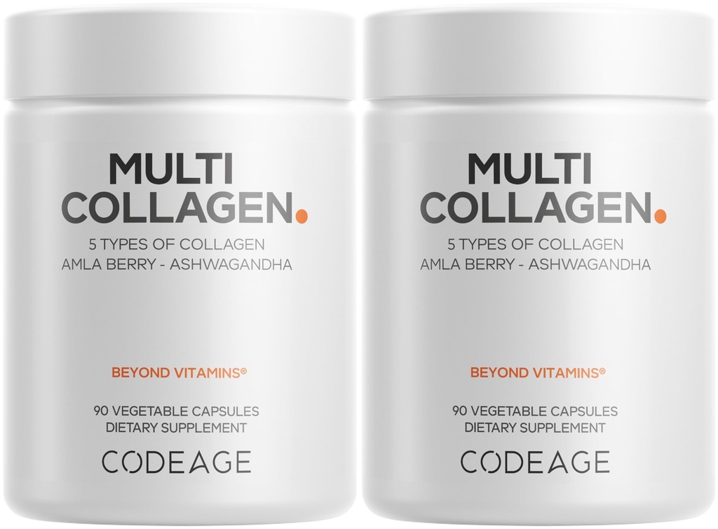 Codeage Capsules de plusieurs collagènes – 5 collagènes de types I, II, III, V et X – Protéine bovine hydrolysée avec Ashwagandha, Amla et Vitamines - 2-Pack