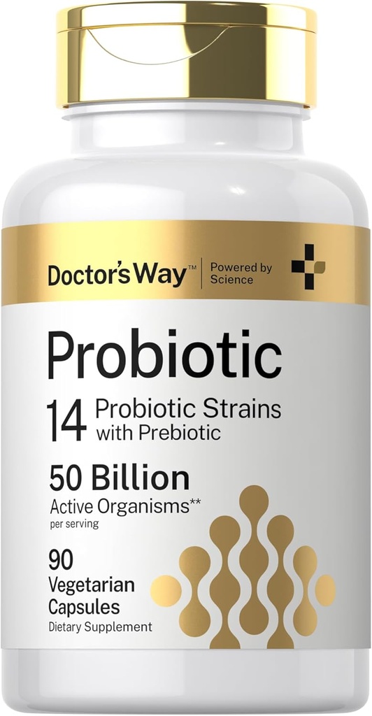 Doctor's Way Probiotic Supplement: 50 milliards d'organismes actifs: 90 capsules: 14 souches avec prébiotique: pour les hommes et les femmes: Végétarien, Non-OGM, Sans gluten