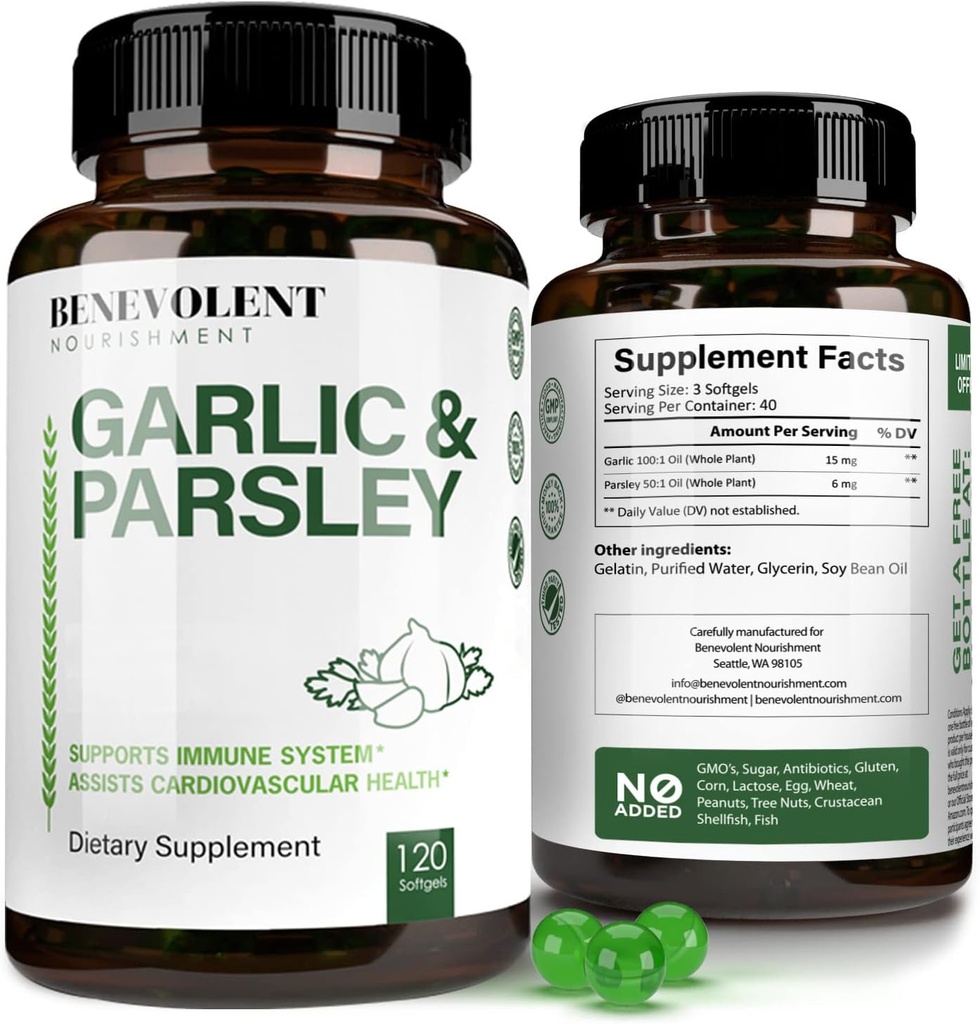 Benevolent Garlic Supplements Odorless - 1500 MG Aged Extract Oil Capsules, 120 Softgels - Antioxidant Immunity Support Garlic Pills & Promotes Healthy Cholesterol Levels - Non GMO 40 Day Supply