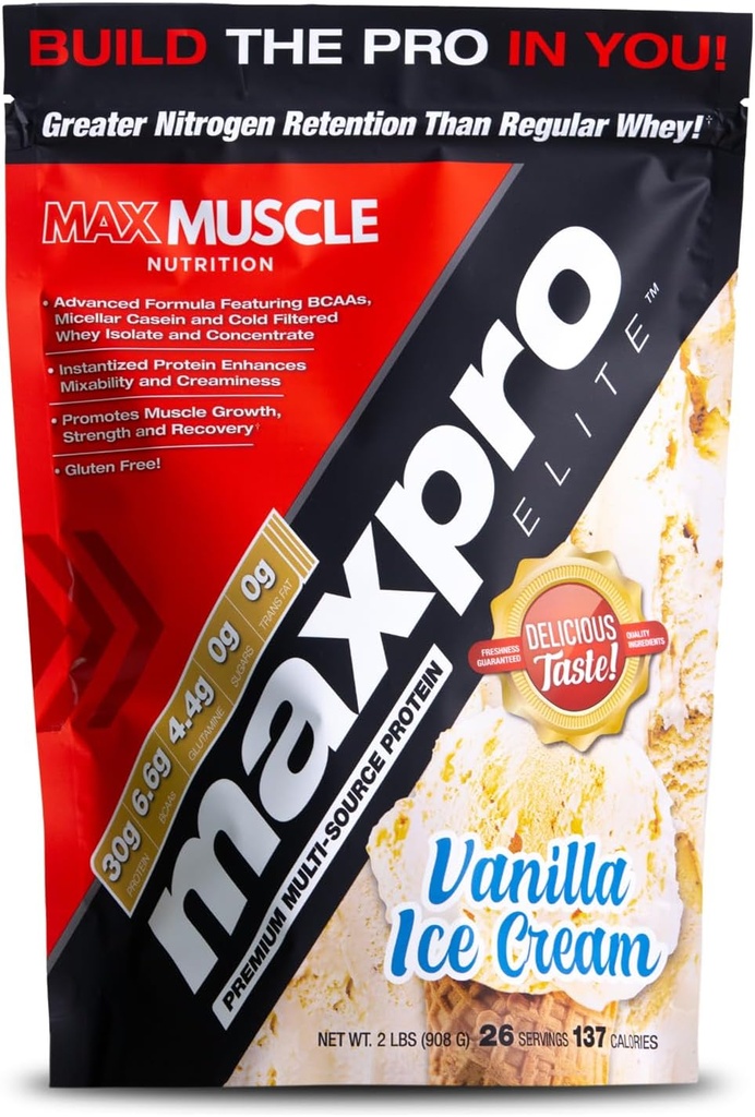 Max Muscle Maxpro Elite Whey Protéines Poudre de 30g Protéines 0g Sucre 6,6g BCAAs 6,6g Caséine Micellaire Cold Filtered Whey Isolate Protéines (Vanilla Ice Cream 2lb)
