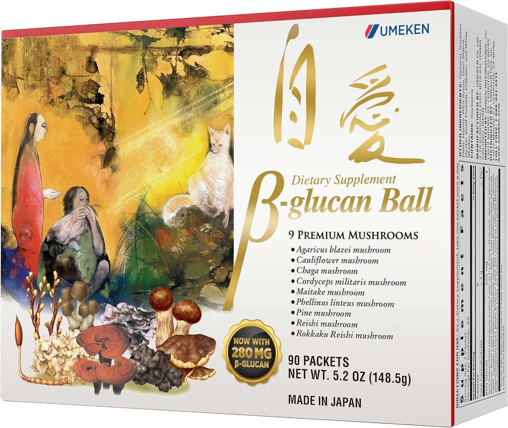 Umeken Beta Glucan, Immune Boost, Extrait de Champignon, Complément alimentaire, Mélange de 9 Packets d'extrait de Champignon Premium, Facile à prendre Suppléments de Glucan Beta, 3 mois d'approvisionnement, 90 Count Box, Pack de 1