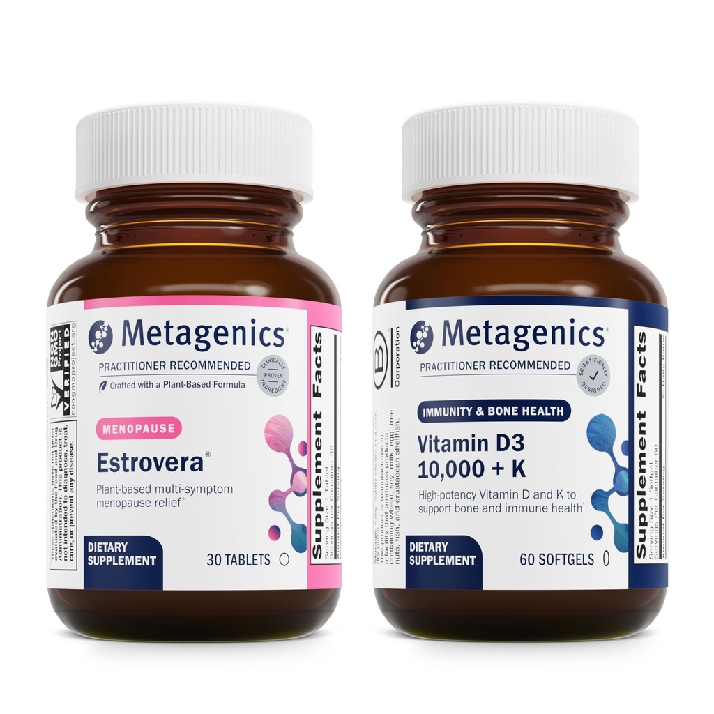 Métagénique Ménopause Duo: HerWellness Estrovera - Supplément de soutien à la ménopause sans hormones - 30 comprimés et vitamine D3 10 000 + K - pour la santé des os et du coeur - 60 Softgels